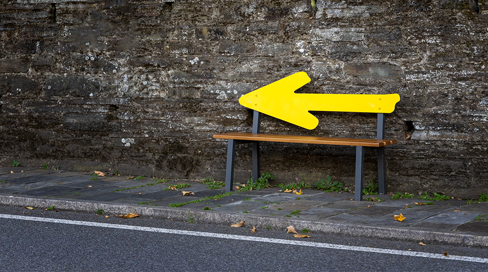 Pilgrimage sign on a bench along the Camino de Santiago de Compostela, A Coruña. Spain.